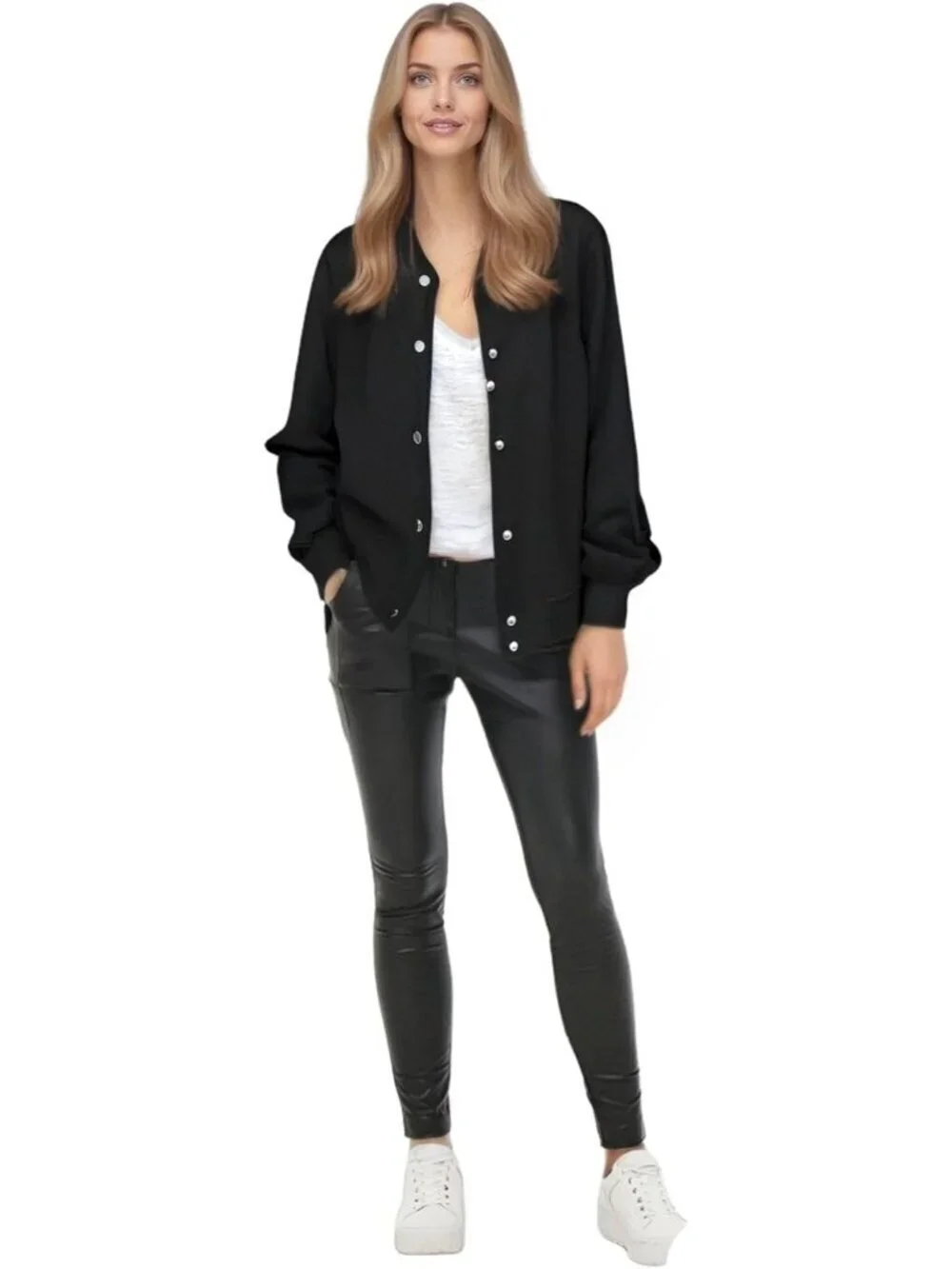 Women's Varsity Casual Button Down Spring Short Outfits with Pockets Solid Black